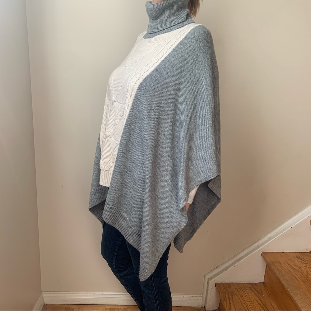 Women’s Wool Blend Chunky Knit Poncho Turtleneck Cream Grey One Size - Picture 6 of 15